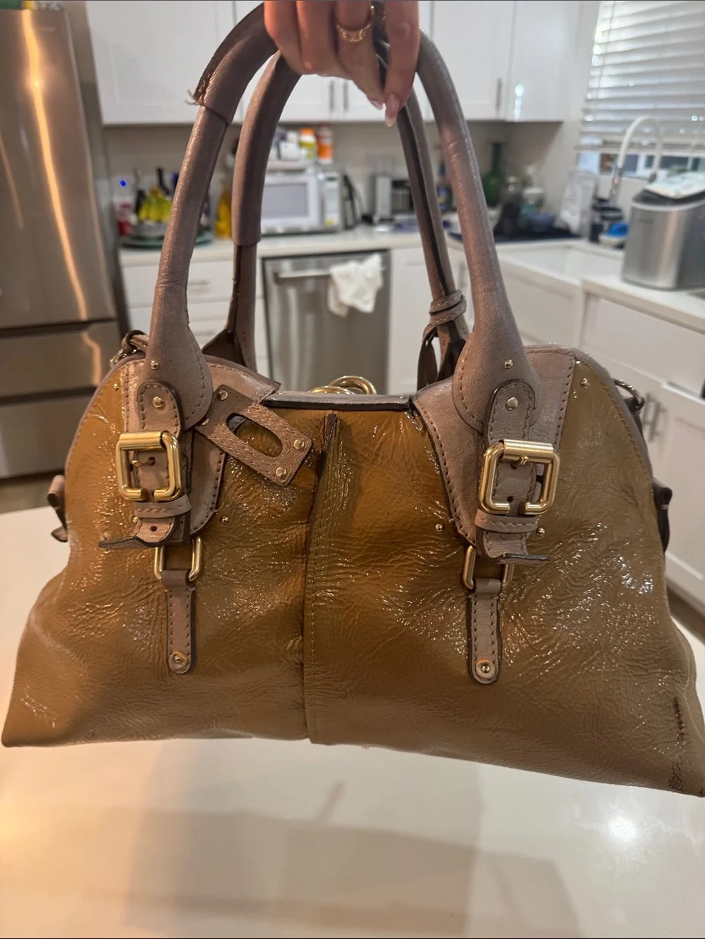 Chloe Olive and Taupe Patent Leather Satchel